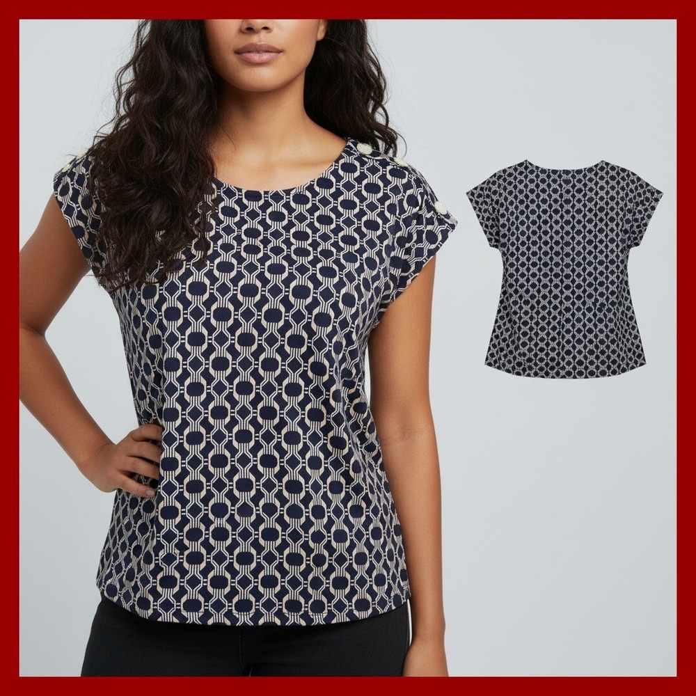 Notations Petite Small‎ Geometric Top Blouse Navy Tan Button Shoulder Stretch